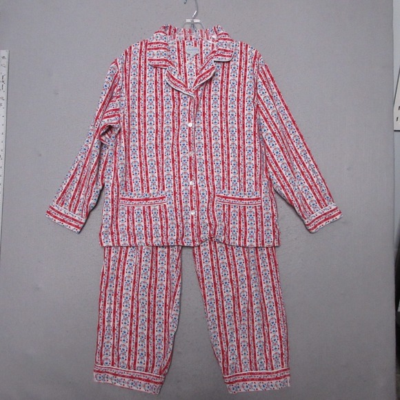 Lanz of Salzburg Pajamas Women Medium Red Blue Fleece Cotton Stripe Floral Heart - Picture 1 of 15